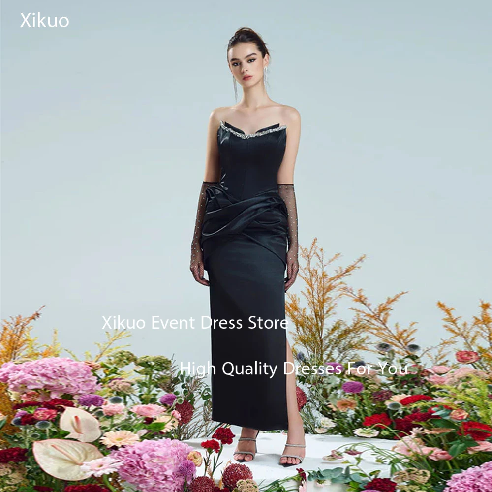 فساتين سهرة Xikuo كريستال سوداء بفتحة مستقيمة من Vestidos De Gala بطول الكاحل مكشكشة فساتين المشاهير حسب الطلب