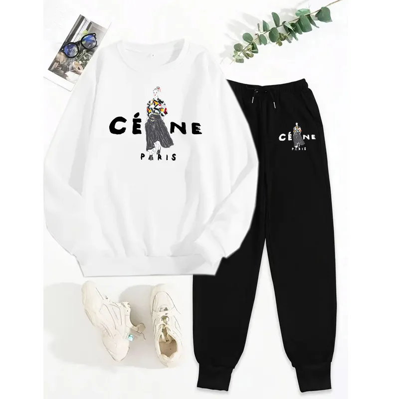 

Women's Casual Suit Pattern Printed O-Neck Sweatshirt + Sweatpants 2 Piece Set Outfit Woman Fitness Jogger Matching Tracksuit