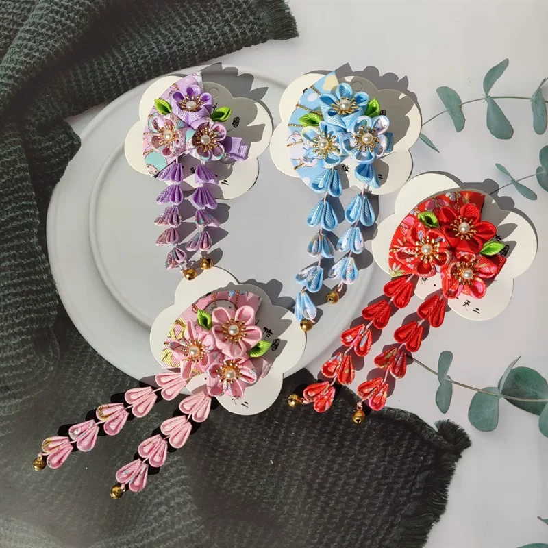Japanese Kimono Hair Accessory Bathrobe Tassel Hair Clip Ancient Hanfu Headpiece  Performance Cherry Blossom Pink Edge Clip