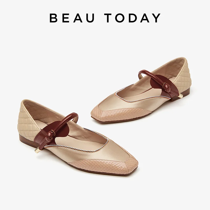 BEAUTODAY Mary Janes Women Snake Skin Leather Ballet Shoes Square Heel Ladies Shallow Elegant Flats A28275