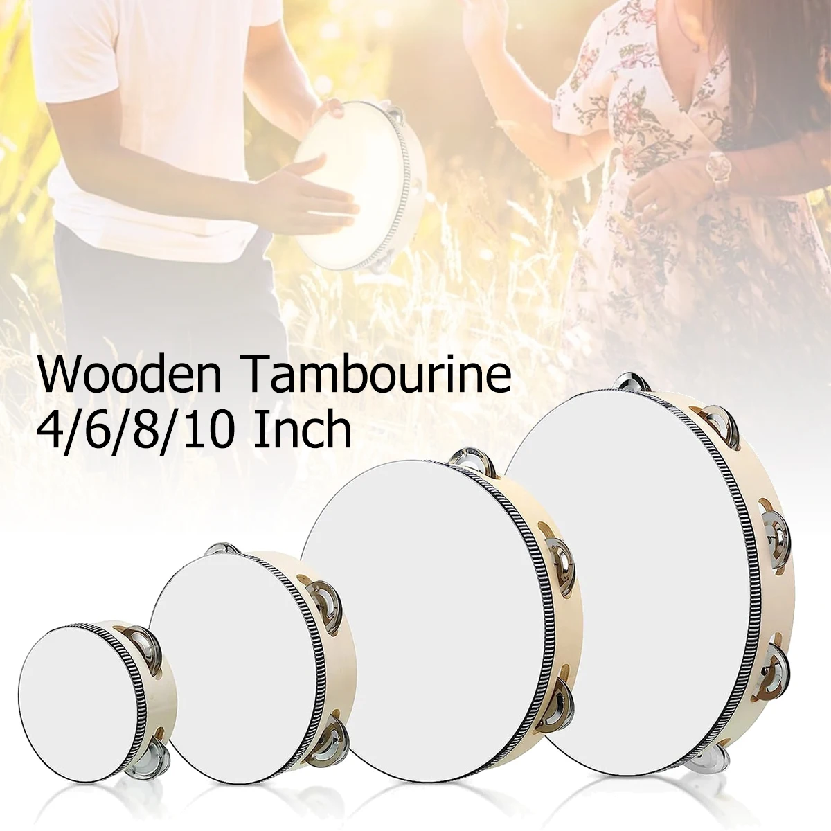 Miwayer Wooden Tambourine 4/6/8/10 Inch - Natural Wood, Single Row Metal Jingles, Hand Percussion for Kids & Adults