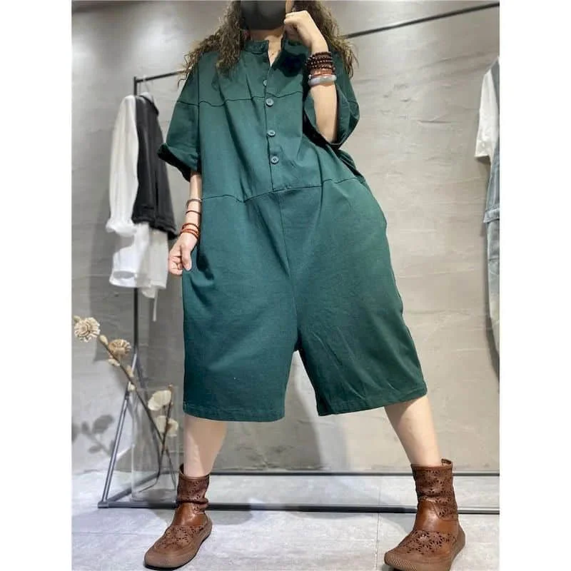 Workwear Women Jumpsuits Summer O-neck One Single Breasted Oversized Short Sleeve Literary Playsuits One Piece Outfits Rompers