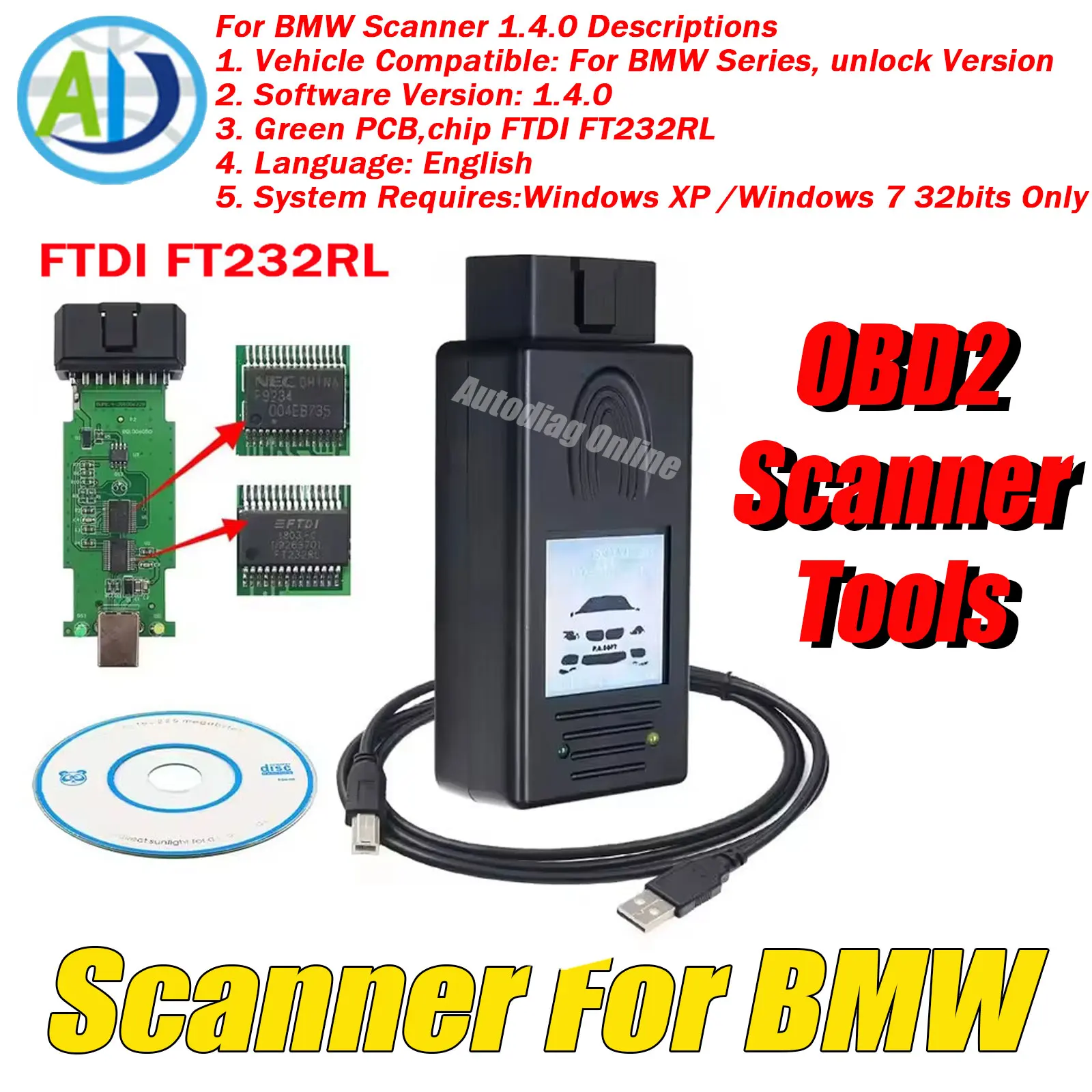 BMW E38 E39 E46 E53 E83 E85 シリーズ3 5 7 X5 X7用 OBD2スキャナー バージョン1.4.0 ロック解除済みコードリーダー OBD2自動診断ツールキット