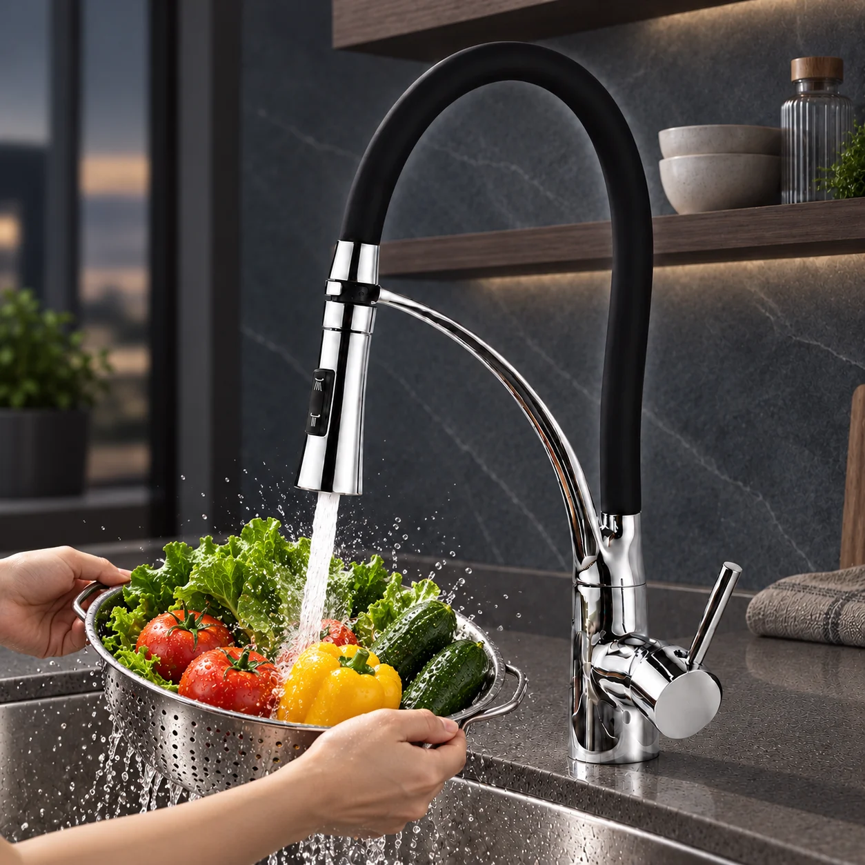 Flexible Neck Kitchen Faucet, Hot and Cold Mixer Tap, Dual Spray Mode, 360° Swivel High Arc Chrome Faucet for Kitchen Sink