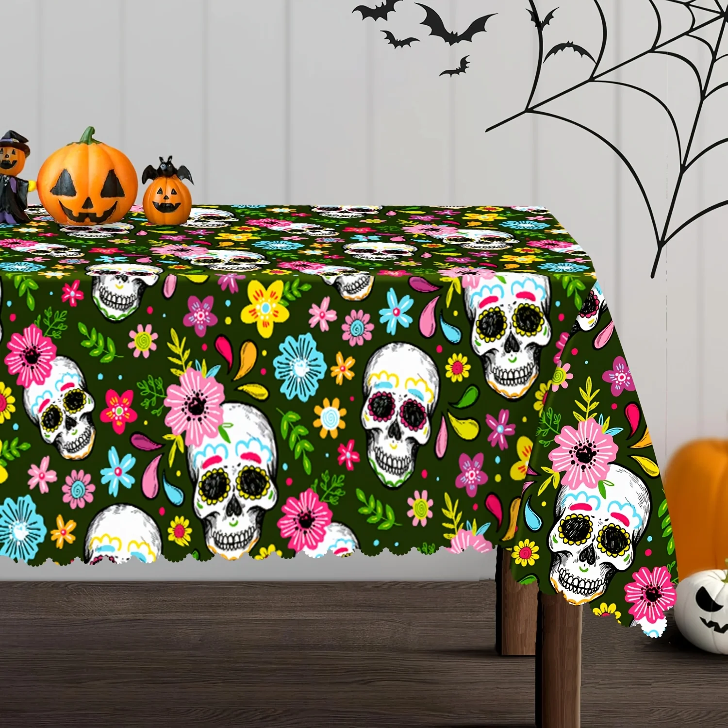 1 piece of colorful Day of the Dead tablecloth, polyester rectangular tablecloth, with colorful skulls and floral designszyc