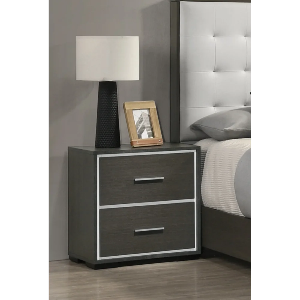 

1pc Contemporary 2-Drawer Nightstand with Chrome Accents Gray Rustic Finish Bedroom Wooden Furniture