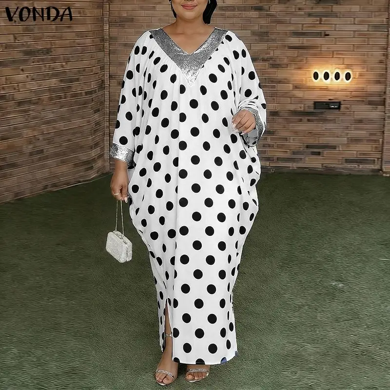 

VONDA Women Plus Size Dresses Summer Spring Patchwork Long Sleeve V Neck Dot Long Maxi Dress Streetwear Party OL Work Vestidos