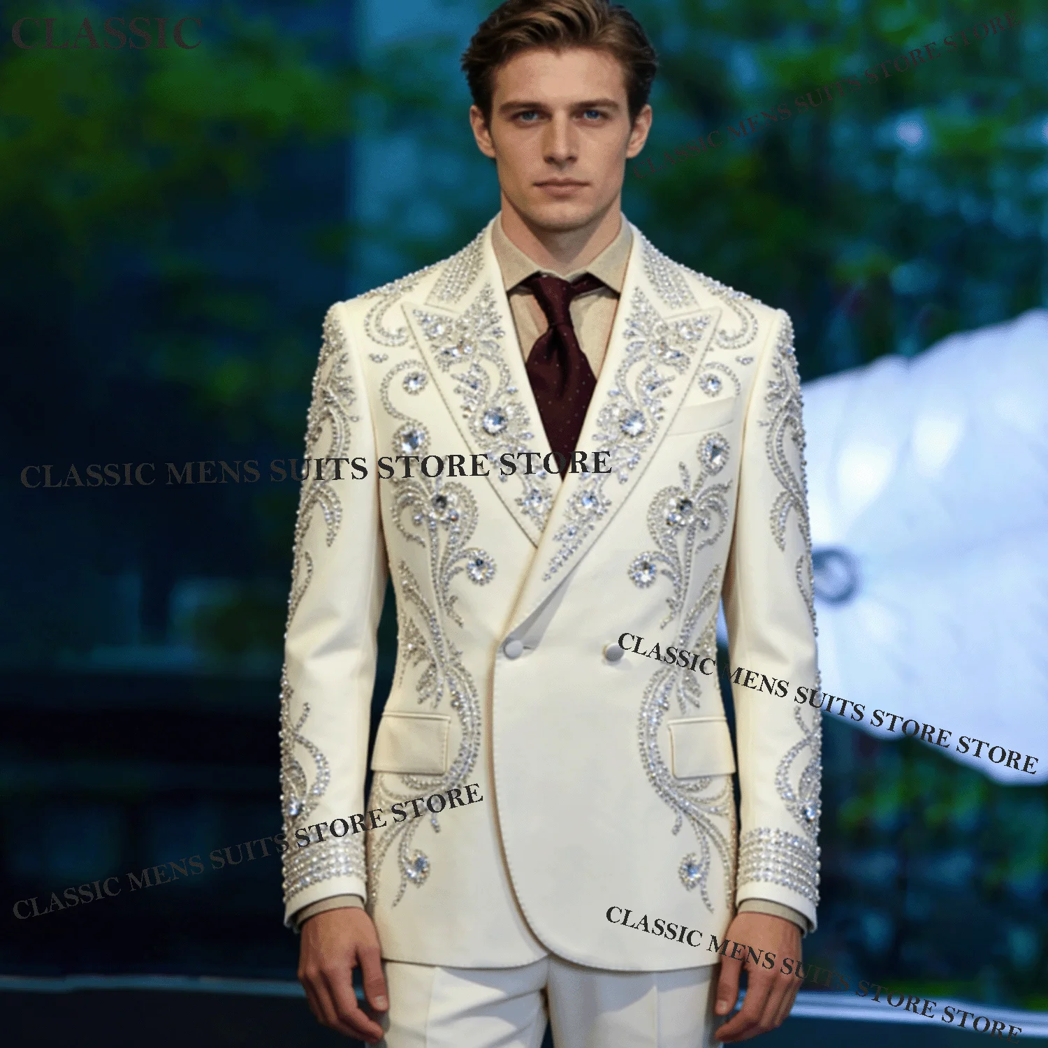 

Customized Jewelry Crystal Suit For Men Glitter Groom Party Male Blazer 2 Piece Sets Formal Slim Fit Tuxedos Wedding Ropa Hombre