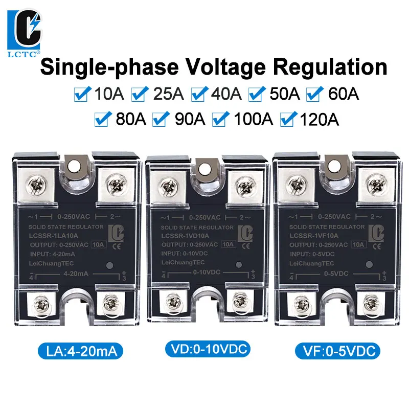 LCTC SSR 0-10V 4-20MA 0-5V Sterownik półprzewodnikowy regulator napięcia jednofazowy 10A 25A 40A 50A 60A 80A 90A 100A 120A VD VF LA