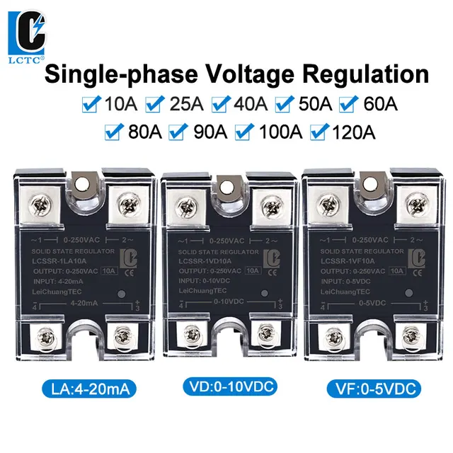 LCTC SSR 0-10V 4-20MA 0-5V Sterownik półprzewodnikowy regulator napięcia jednofazowy 10A 25A 40A 50A 60A 80A 90A 100A 120A VD VF LA