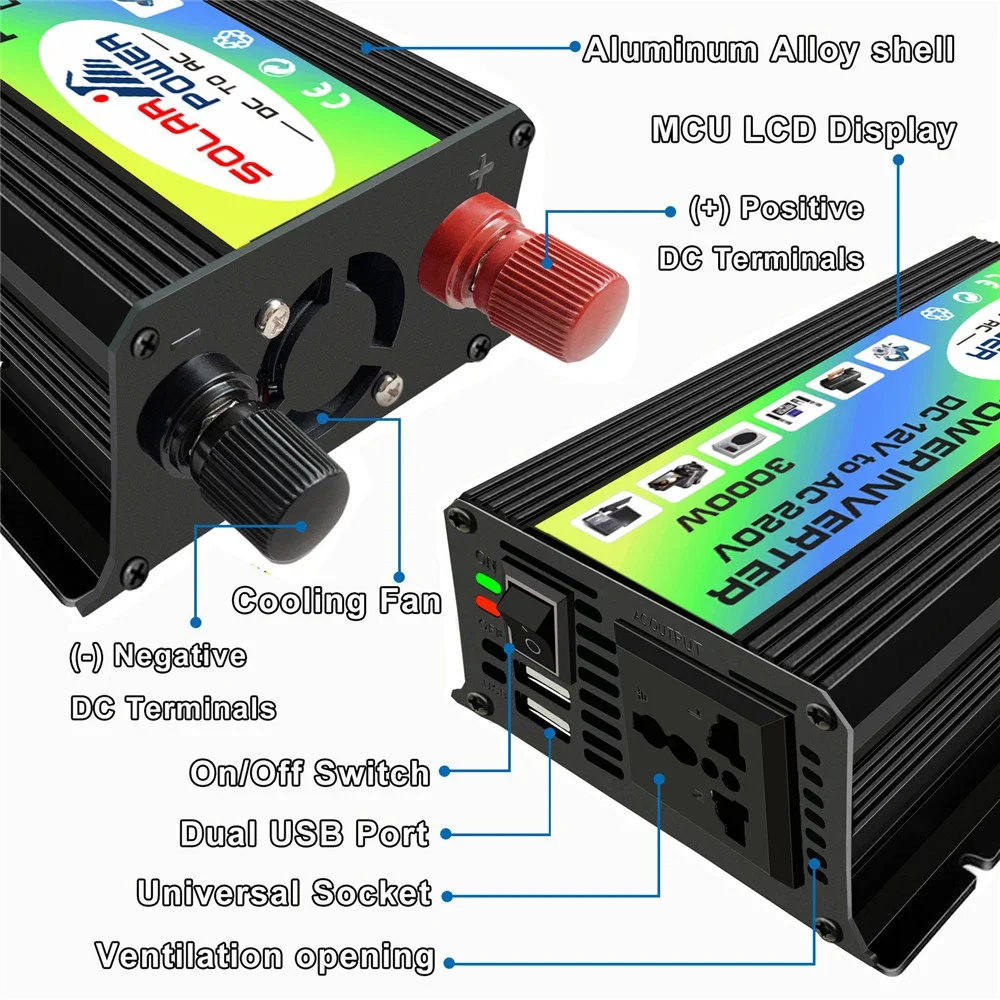 Sistema di energia solare T1B = Trasformatore convertitore inverter 12 v 110 v 220 v 300 w Carica + Pannello solare 18 w 12 V / 5 V + Controller 30 A