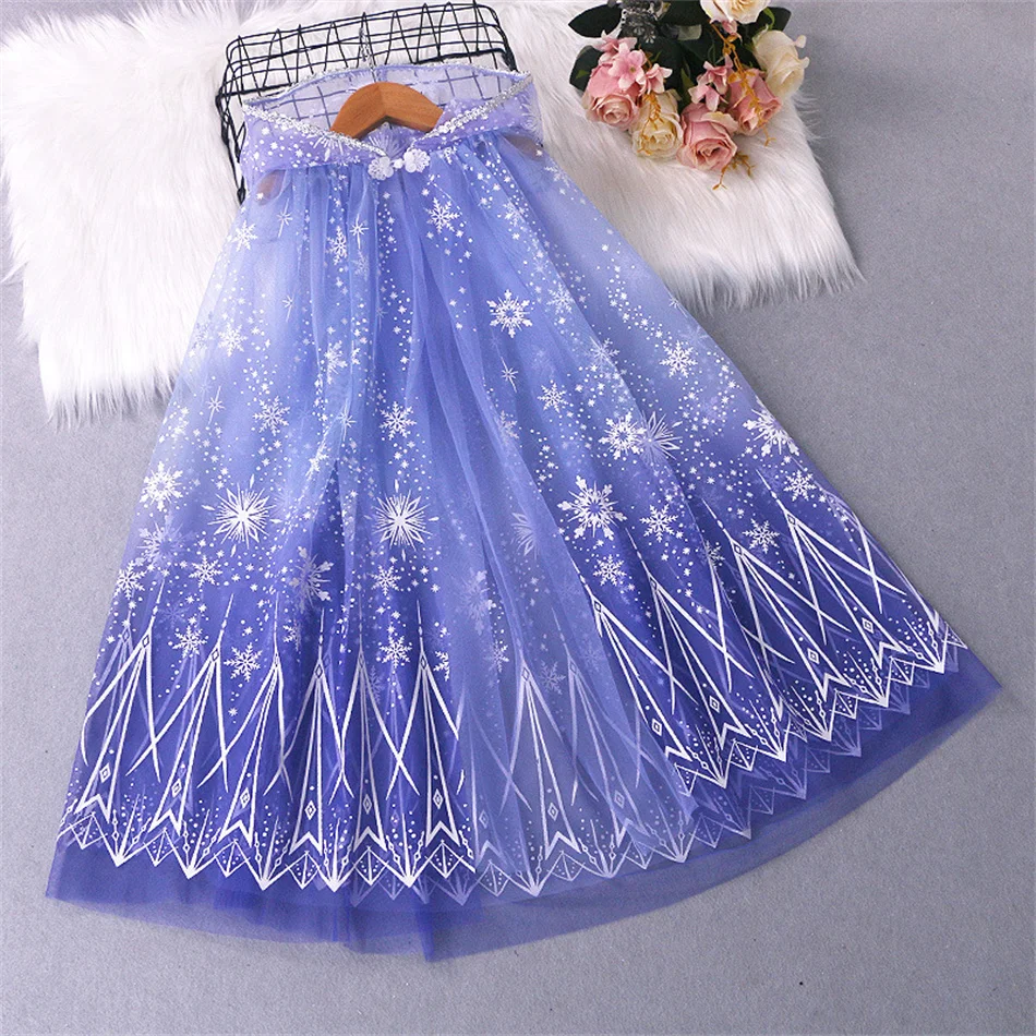 Girls Cloak Kids Fashion Snowflake Tulle Costume Princess Cosplay Carnival Party Outfits Children Hooded Print Cape Holiday Gift