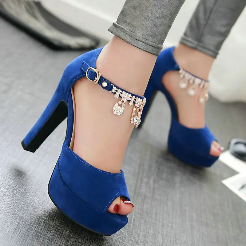 Velour Velvet Peep Toe Blue Party Wedding Thick High Heels for Party Dress Shoes with Crystal Big Size 45 46 Platform Sandals
