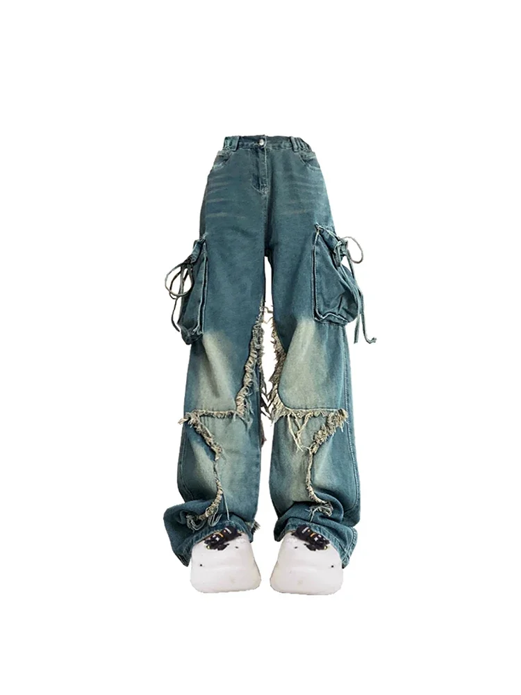 Women Blue Cargo Jeans Baggy Vintage 90s Aesthetic High Waist Cowboy Pants Harajuku Denim Trousers Y2k Trashy 2000s Clothes