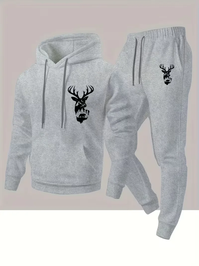 Men's Urban Casual animal print Print Two-Piece Set Hooded Top & Sports Pants Autumn Winter Running Sportswear Daily Wear view 2