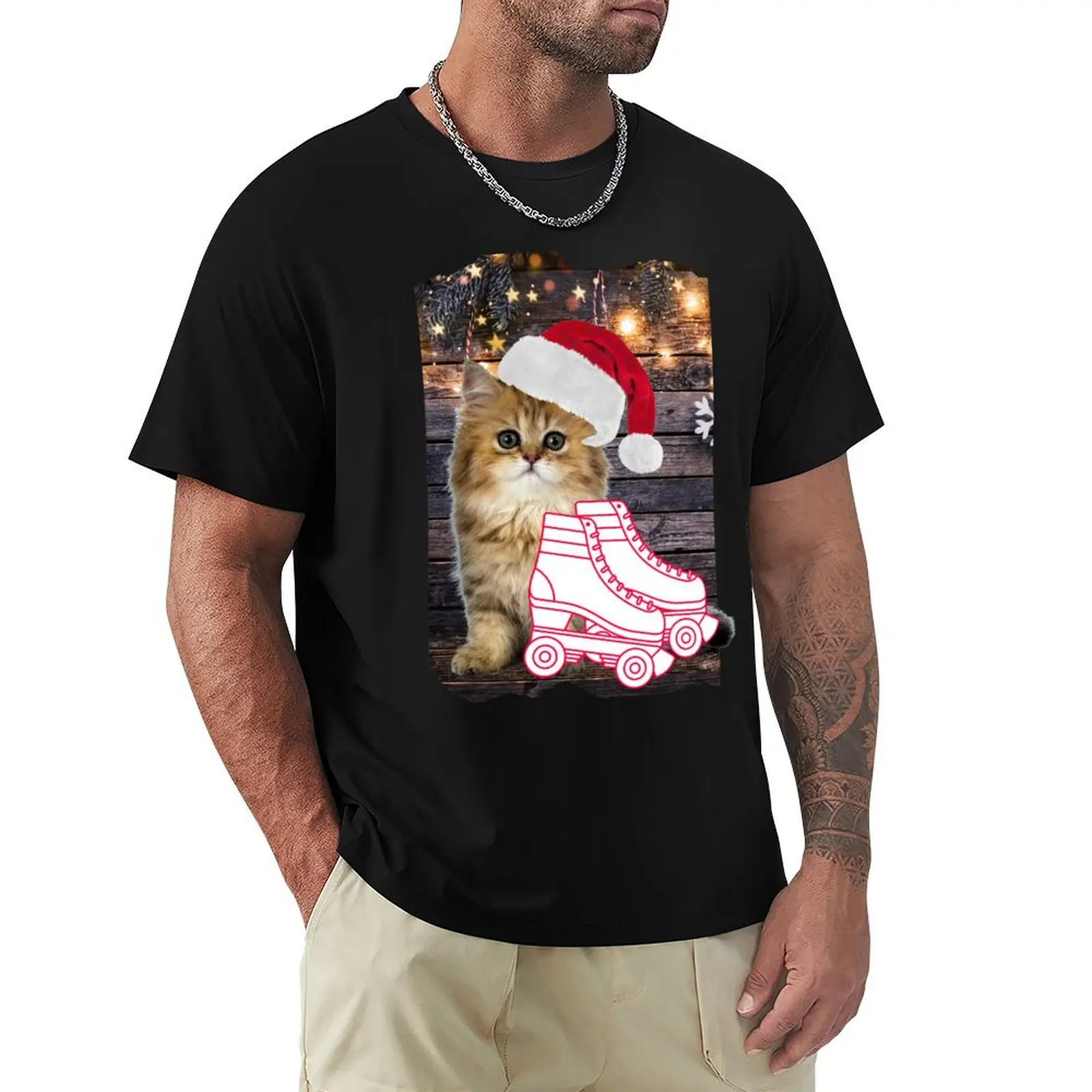 

Merry Christmas Cat with Roller Skates T-Shirt Anti-Wrinkle Short Sleeve T-Shirt