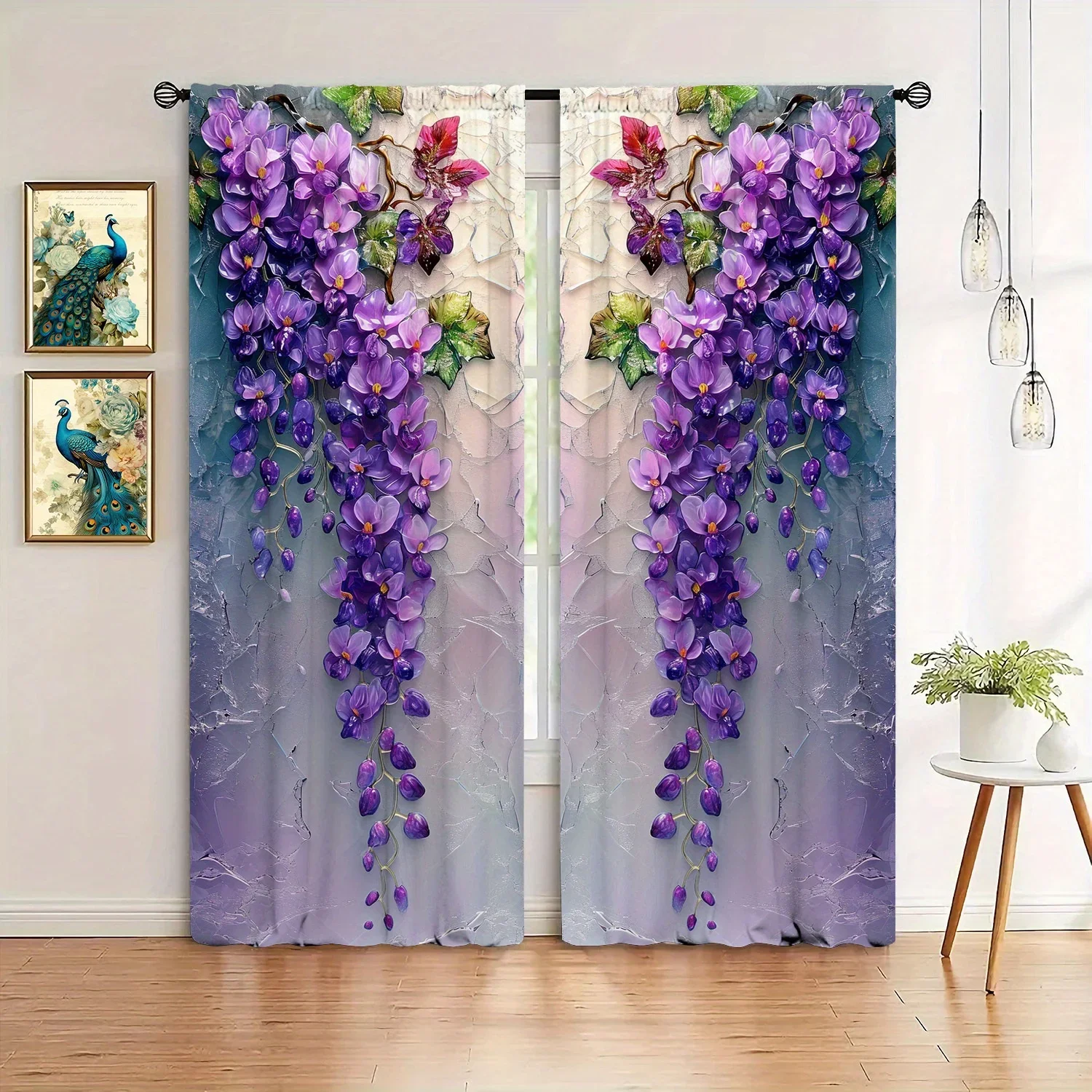 2pcs Glass Flower Printed Curtain for Home Decor - Rod Pocket Window Treatment for Bedroom,Office,Kitchen,Living Room,and Study