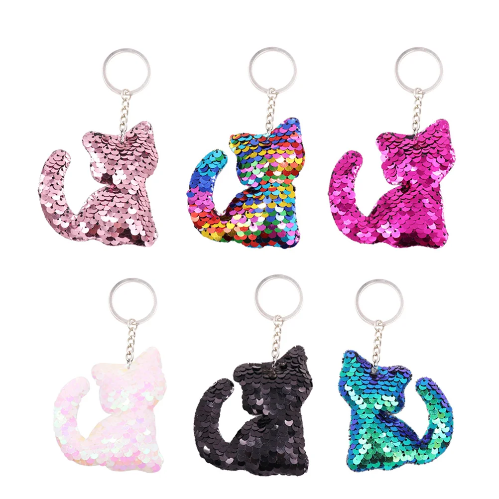 

6pcs Creative Sequins Cat Keychain Fashion Keyring Hanging Key Chain Ornament Pendant (Pink, Colorful, Rosy, Green, Black, Pink