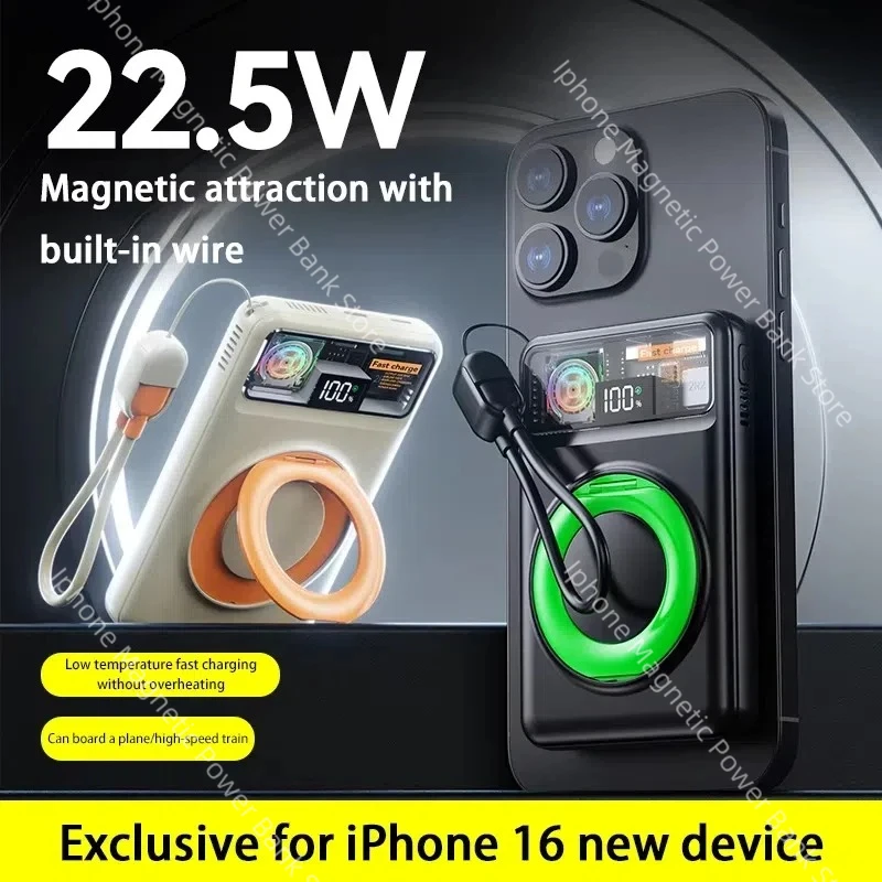 

Мини-Power Bank 50000 мАч со встроенным кабелем, портативное зарядное устройство, внешний аккумулятор Powerbank для iPhone 16 15 14 Xiaomi Mi Poverbank