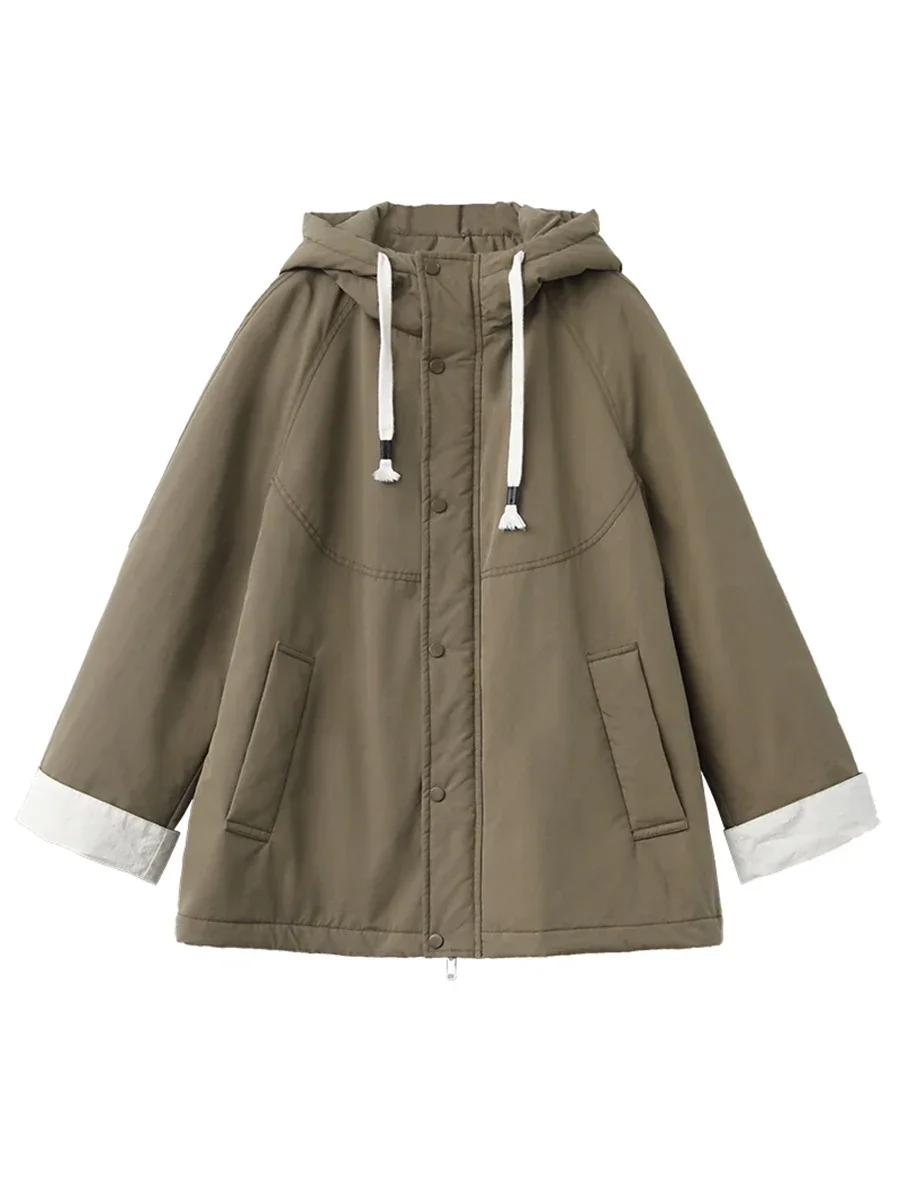 CHIC VEN Women Jackets Loose Contrast Hooded Drawstring Safari Style Thick Quilted Female Coat Spring Autumn 2025
