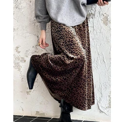 2024 Women's A-Line Leopard Long Skirt Stretch High Waist Elegant Autumn Maxi Skirt Femme Faldas Jupe Saia Vintage Brown Skirt