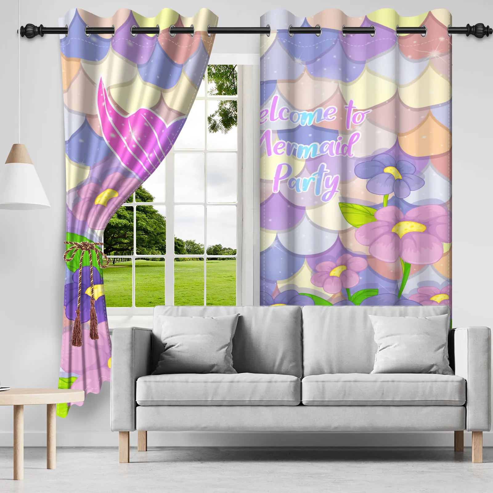 2pcs/set Rainbow Mermaid Flash Tail Fish Scales Window Curtain Purple Dream Girl Princess Room Decor Blackout Polyester Curtains