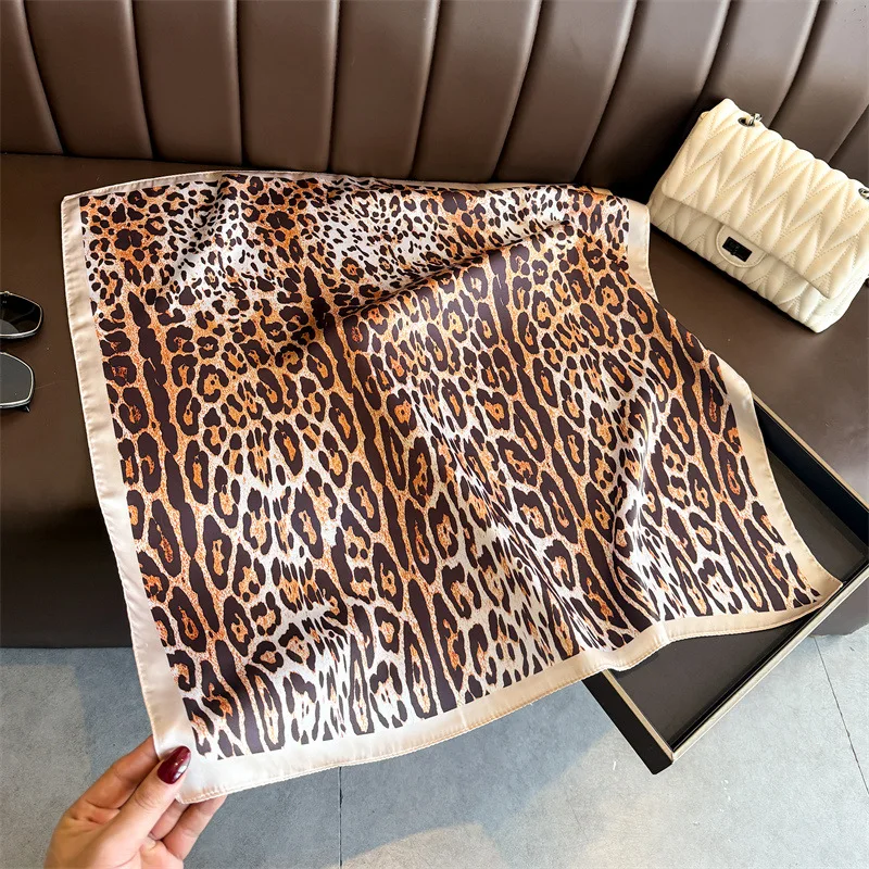Luxury Leopard Print Square Scarf for Women Hijab Hair Bands 70cm Neckerchief Female Satin Shawl Ribbon Headband