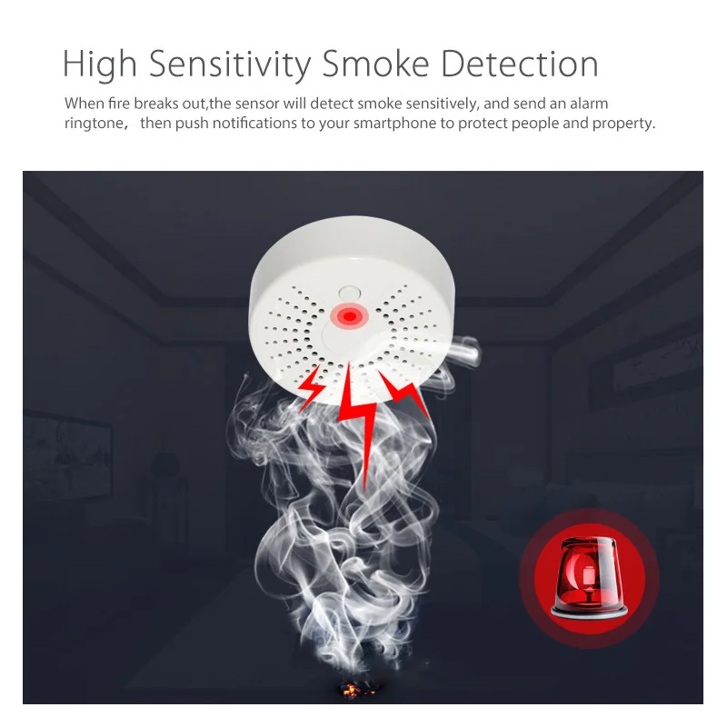 

Tuya WiFi Smart Home Smoke Detector APP Remote Control Wireless Fire Detection Temperature Trigger Alarm Sensor Flashing