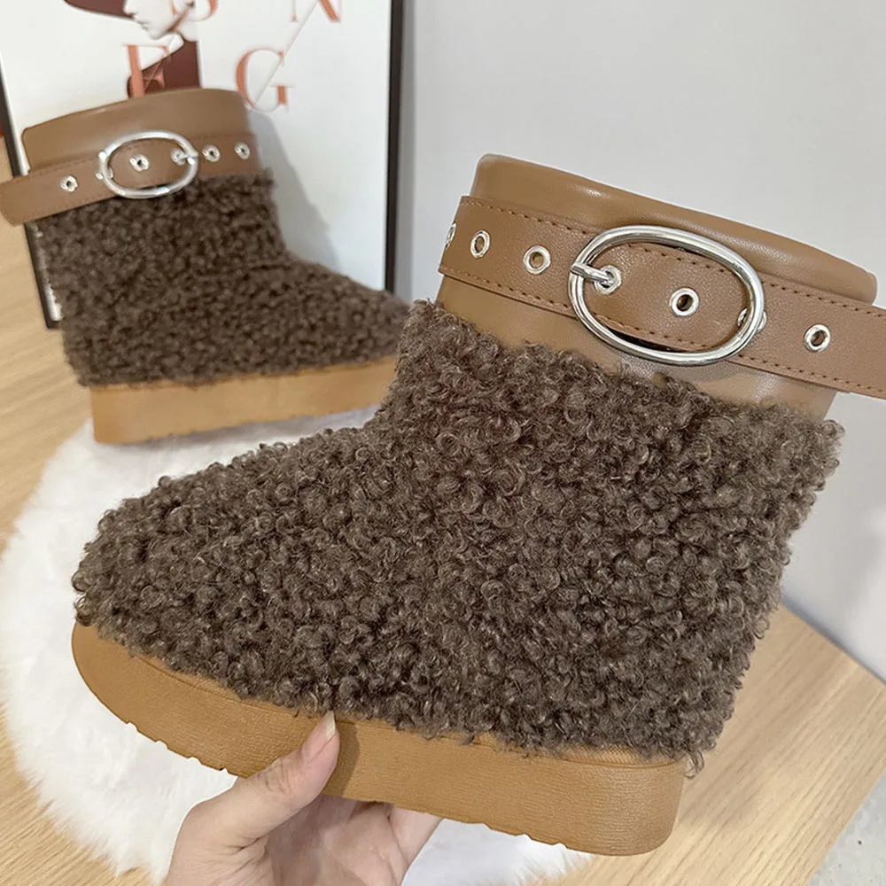 New  Snow Women Boots With Fur Platfrom  Belt Buckle Design Round Toe Mid Calf Shoes Luxury  Winter Warm Causal Boots image 5