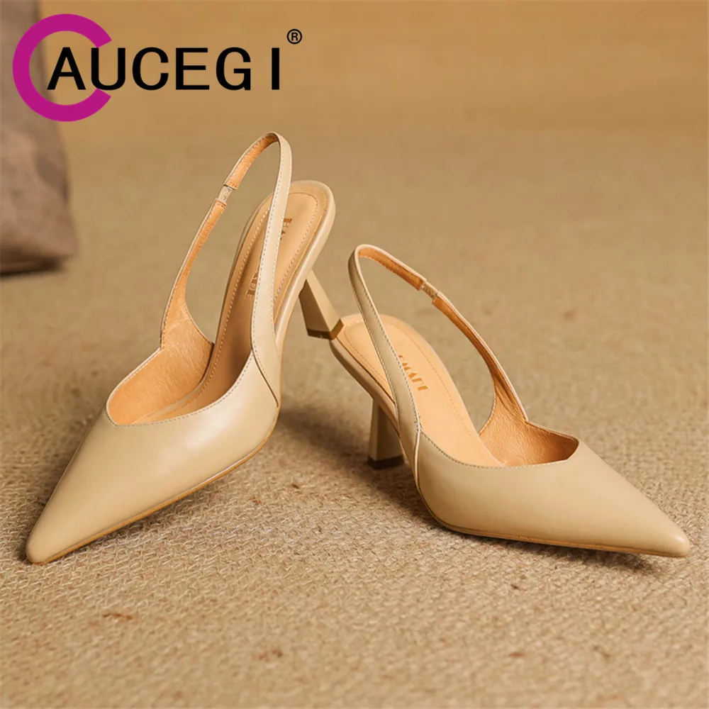 

Aucegi/2020 модные летние женские туфли-лодочки на тонком высоком каблуке с открытой пяткой, элегантное платье из натуральной кожи с острым носком, универсальная обувь