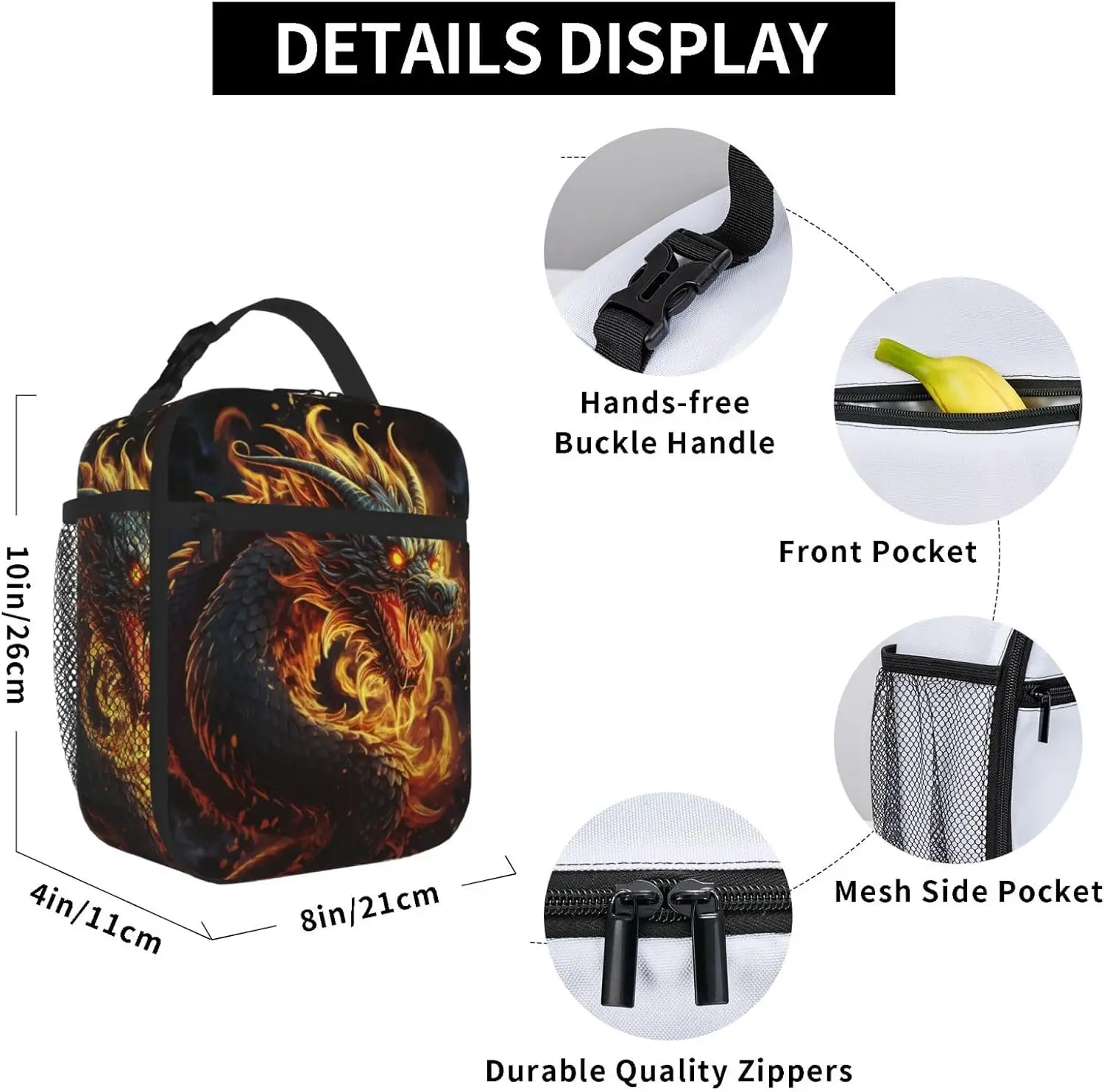 Fire Chinese Dragon Lunch Bag For Women Men Insulated Reusable Lunchbox Cooler Totes For Work Office Picnic Camping Travel