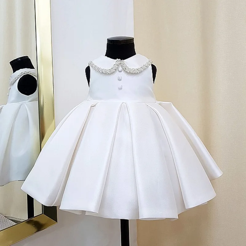 Baby White Baptism Dress For Girls Bridesmaid Party Dresses Pearl Children Clothes Bow Girl Birthday Princess Wedding Ball Gown