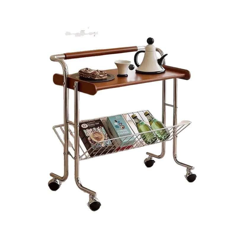 

Movable trolley with wheeled storage rack, multi-functional side table
