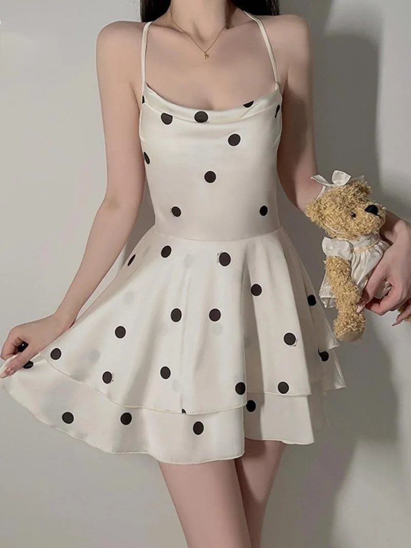 Abito in raso con stampa a pois dolce Elegante abito scollato imbottito con lacci senza schienale Abito da casa taglie forti Casaul Affascinante KZZM