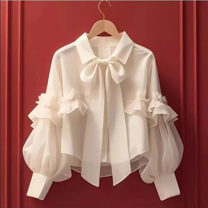 OCEANLOVE Spring Autumn Bow Blouses Solid Ruffles Vintage Sweet Women Shirts Korean Fashion Puff Sleeve Elegant Camisas