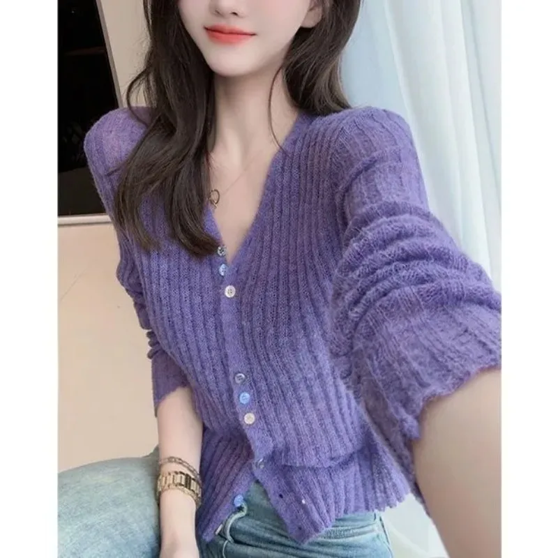 

Women Clothing Spring Autumn Fashion Casual Button Solid Color V-neck Female All-match Fashionable Knitting Sweater Cardigan Top