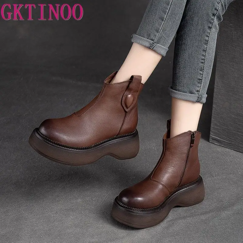 GKTINOO 6cm Woman Cow Genuine Leather Autumn Ankle Boots Spring Booties Ethnic Rero Moccasins Platform Wedge Chunky Heels Shoes