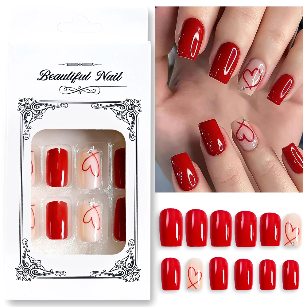 24 قطعة قصيرة مربعة لامعة الأظافر وهمية لعيد الحب الحلو شيك خط أحمر الحب القلب اضغط على الأظافر مجموعة مانيكير الأظافر كاذبة *