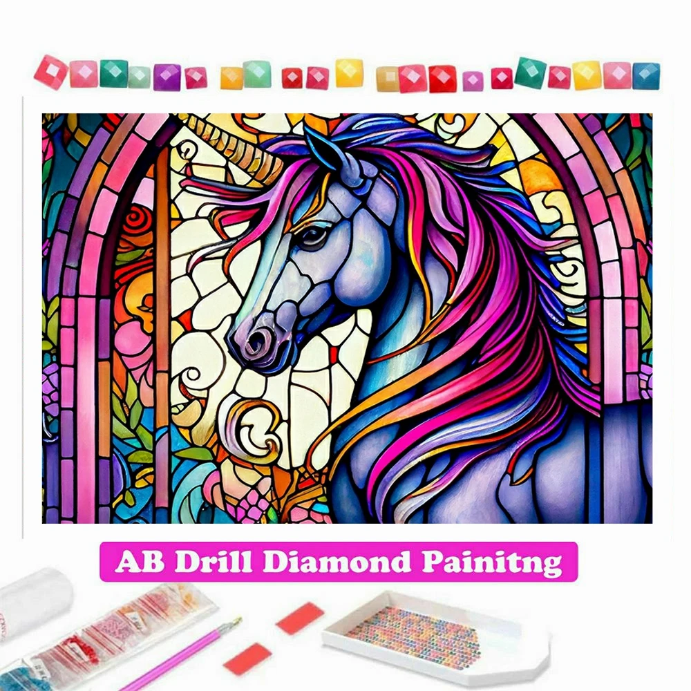 

Colorful Rainbow Unicorn 100% Crystal Diamond Painting Stained Glass Diy Art Full Drill Cross Stitch Background Gift For Friends