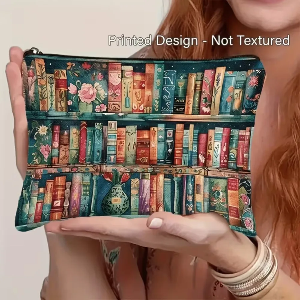 Vintage Bookshelf Print Zipper Pouch Women Portable Cosmetic Bag Book Lover Makeup Storage Bag Travel Toiletry Organizer