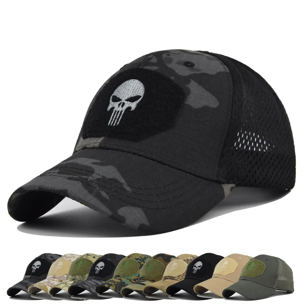 Men Women Skull Print Snapback Cap Outdoors Tactical Camouflage Mesh Baseball Caps Male Summer Sport Hiking Trucker Sunshade Hat