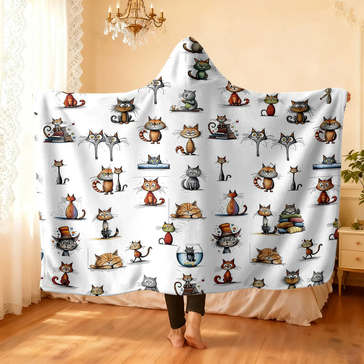 1 sudadera con capucha de franela con varios diseños de gatitos de dibujos animados, que se puede usar como capa o manta, en varios tamaños.