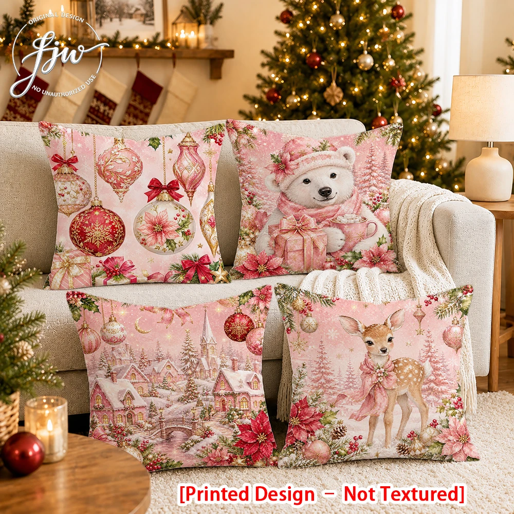 [Printed Design – Not Textured]-4pcs Pink Christmas Throw Pillow Covers Set New Year party decoration cushion Cover