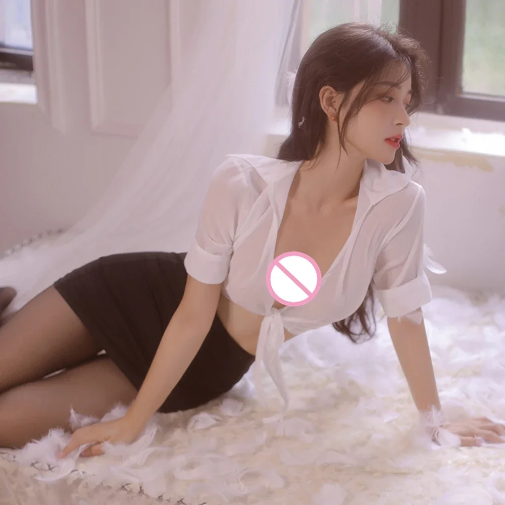 

Униформа «Искушение», женская одежда, одежда для стюардессы, сексуальное и забавное нижнее белье, комплект для ролевых игр, белый топ, черная юбка с запахом на бедрах