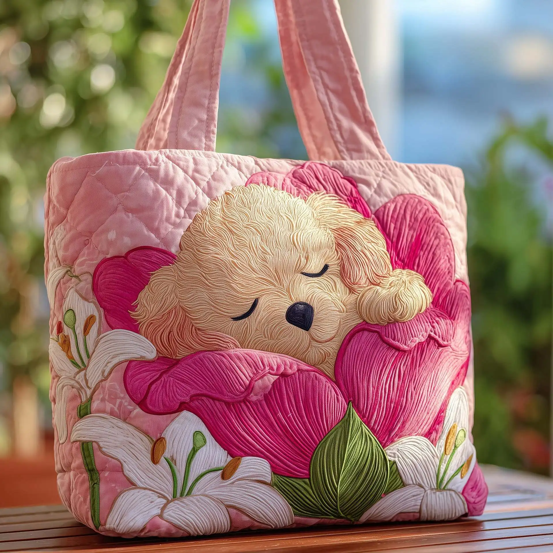 

Sweet Floral Sleeping Puppy Print Quilted Tote Bag Kawaii Dog Pattern Shoulder Bag Cute Handbag for Daily Shopping