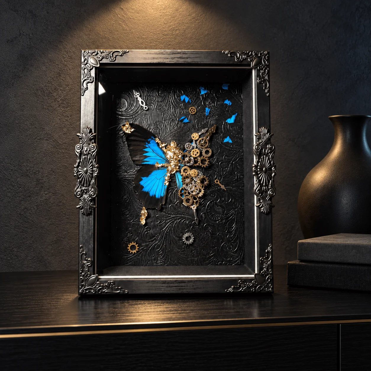 8-Inch Steampunk Ulysses Butterfly Shadow Box, Real Butterfly Wings and Mechanical Gear Art, Gothic Home Decor