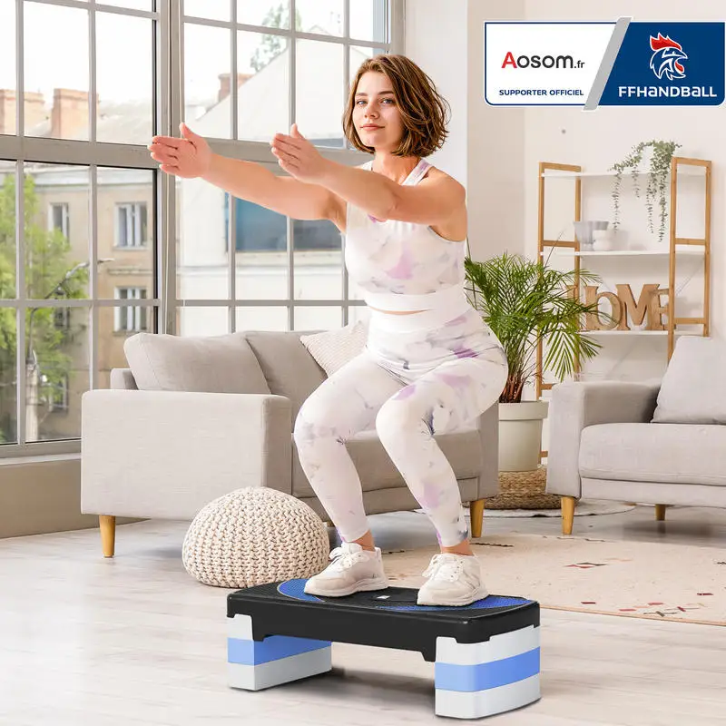 Steppeur de fitness pour aérobic - .fr x FFHandball - hauteur réglable surface antidérapante 80 x 31 x 20 cm noir bleu