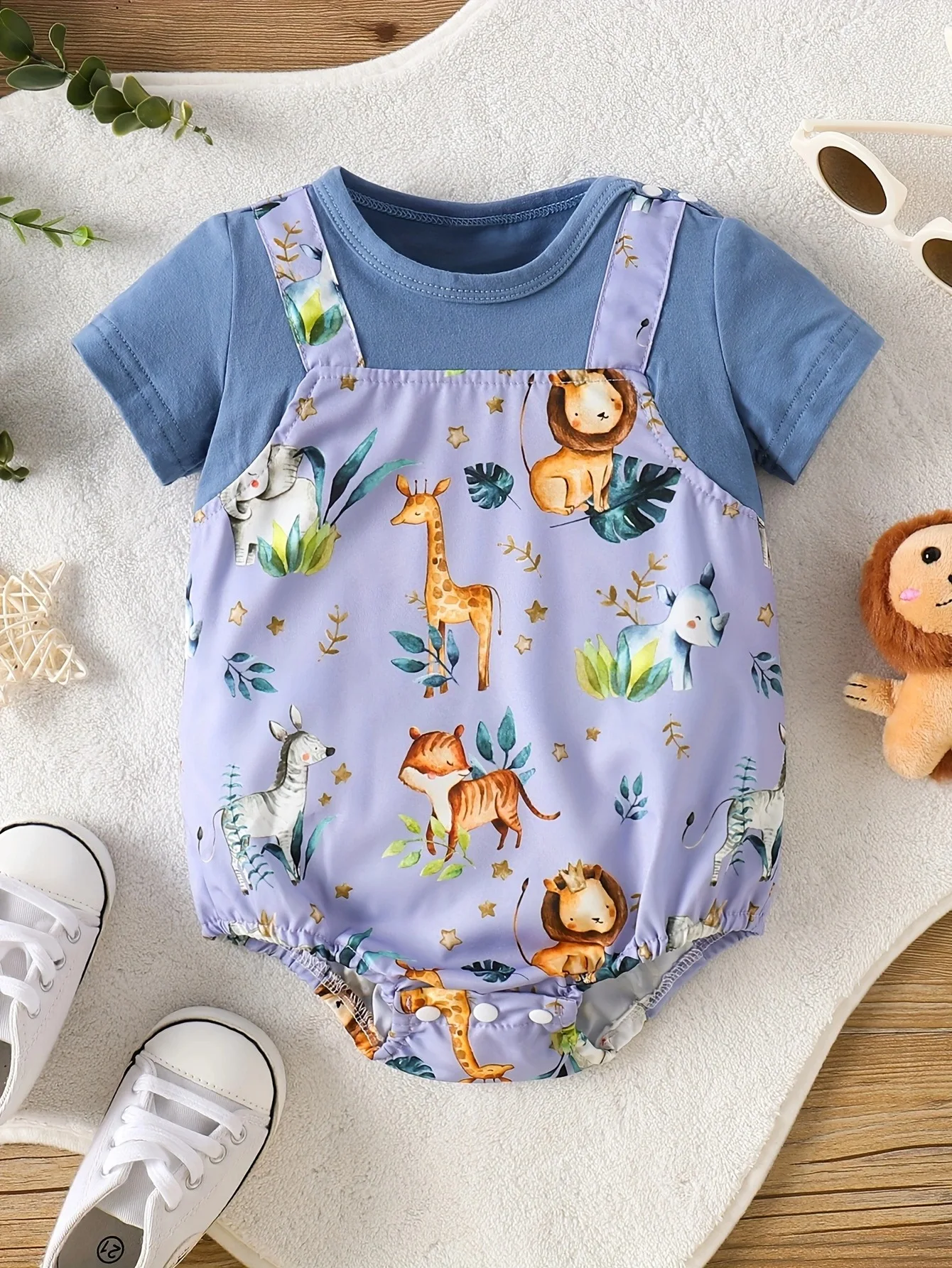 0-2 year old summer new baby boys and girls fake two-piece animal printed short sleeved bun triangle jumpsuit