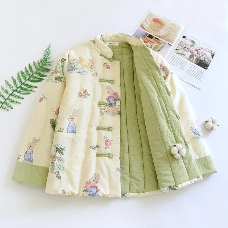 

Thickened Handmade Cotton Jacket for Women Winter Warm Outerwear Chinese Style Button up Top Long Sleeve Regular Type