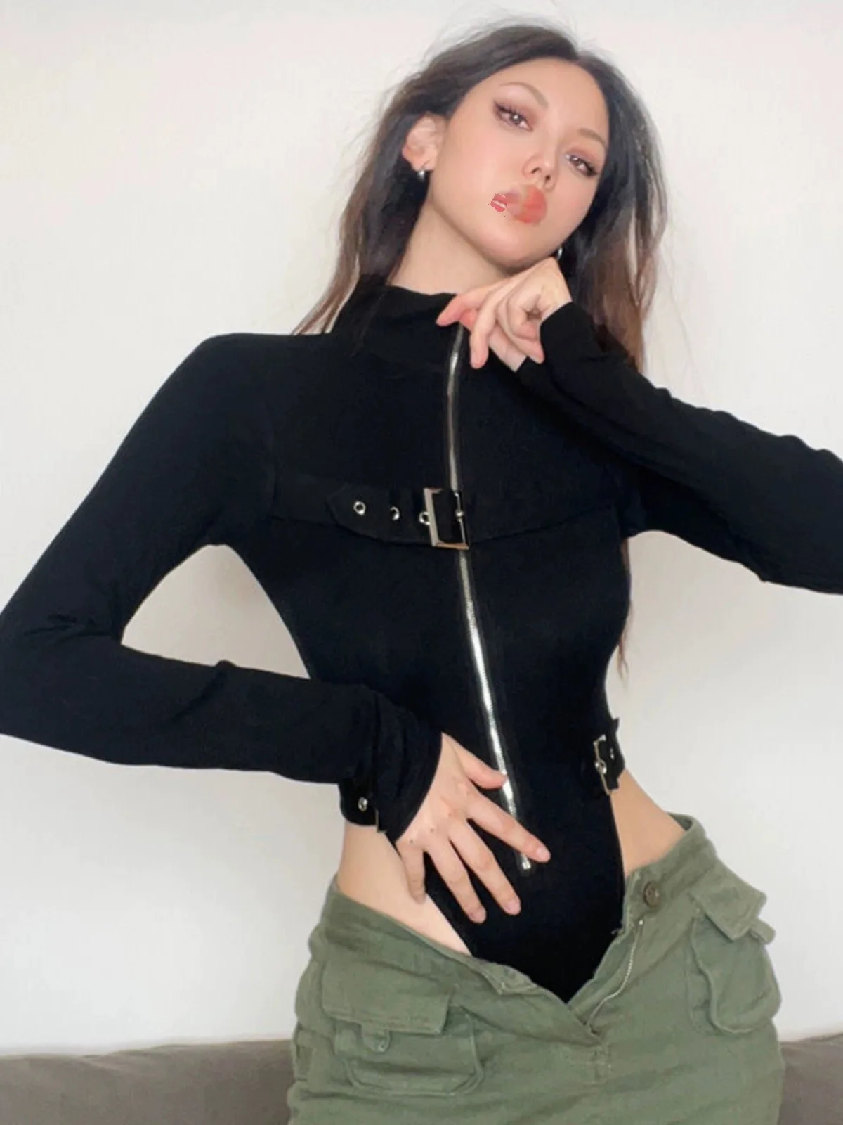 Hot Sweet Sexi ครึ่งซิปบอดี้สูทแขนยาวฤดูใบไม้ร่วง Y2K อินเทรนด์ Onesie Rompers สาว Cool Skinny Playsuit Vintage สีดําผอม